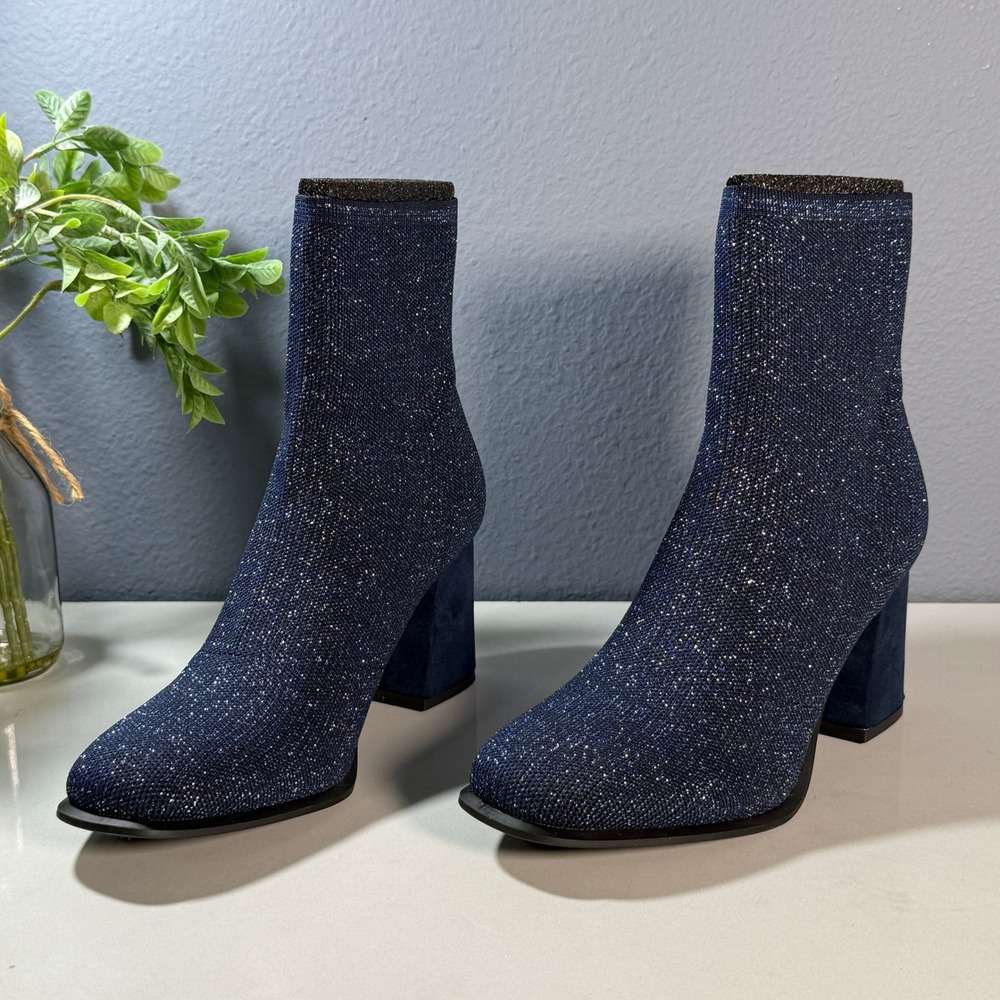 MIA PIANA NYS KNIT Women's Ankle Boots Size 7.5 Glitter Navy Blue 3.15-inch Heel